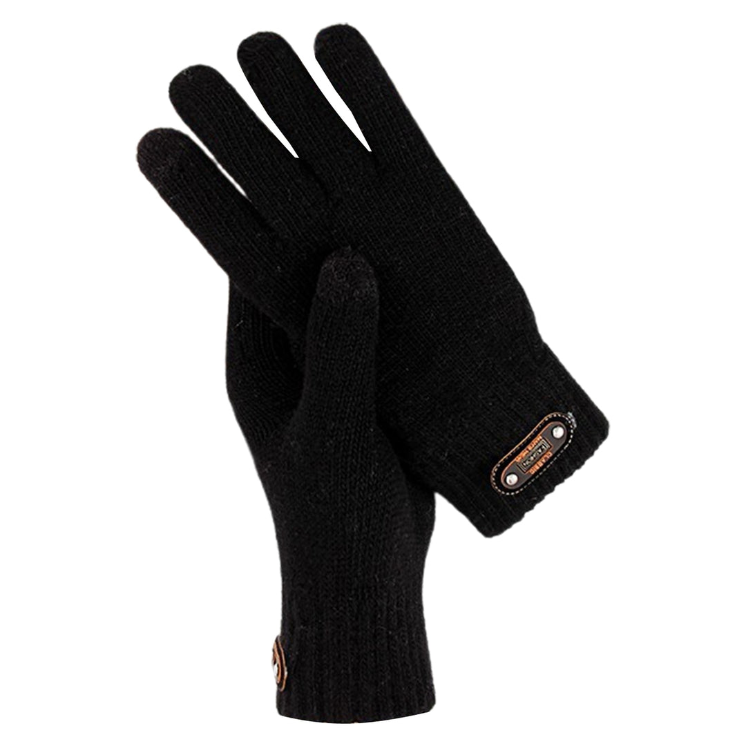 1 Pair Faux Leather Logo 3D Jacquard Ribbed Cuffs Thickened Fleece Lining Men Gloves Autumn Winter Touch Screen Knitted Image 2