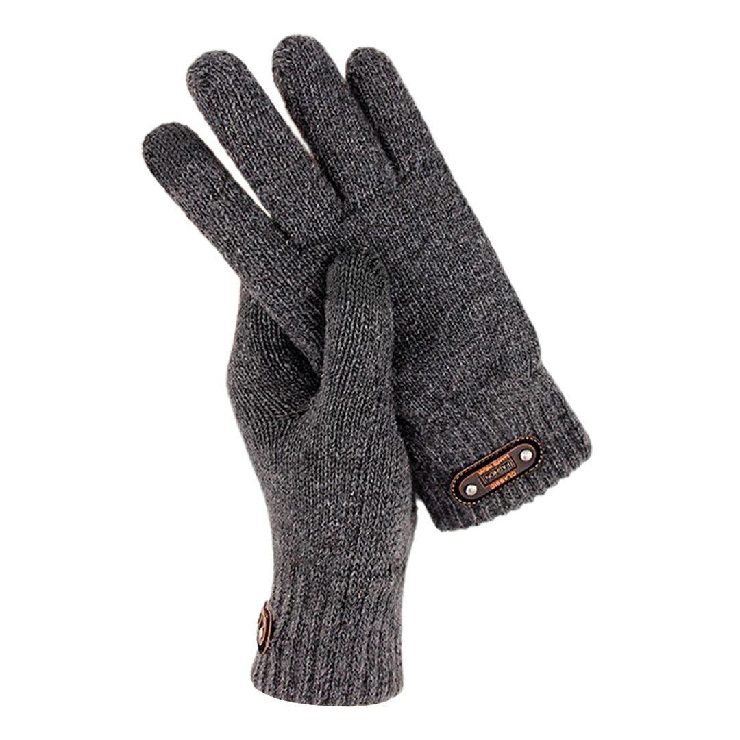 1 Pair Faux Leather Logo 3D Jacquard Ribbed Cuffs Thickened Fleece Lining Men Gloves Autumn Winter Touch Screen Knitted Image 4