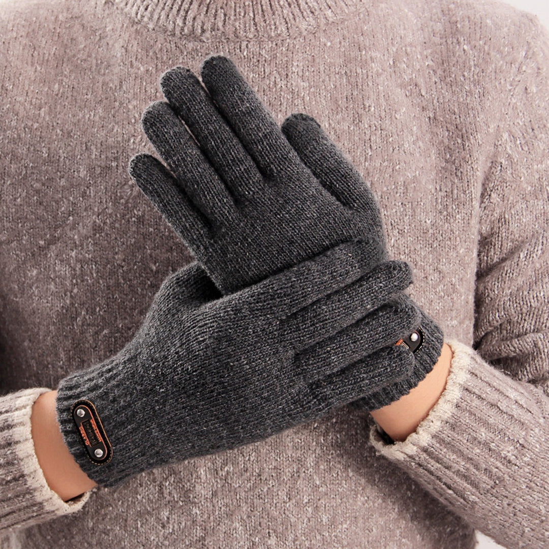 1 Pair Faux Leather Logo 3D Jacquard Ribbed Cuffs Thickened Fleece Lining Men Gloves Autumn Winter Touch Screen Knitted Image 4