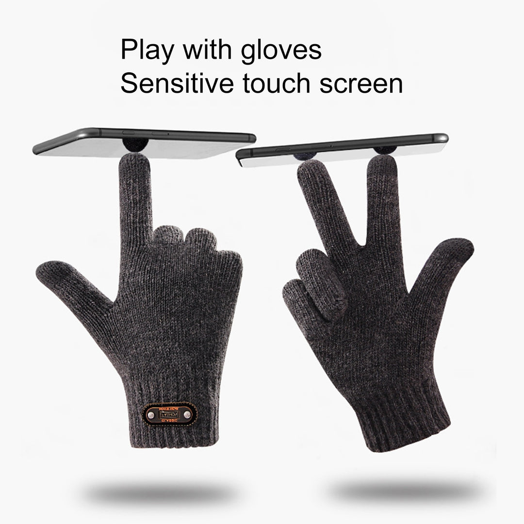 1 Pair Faux Leather Logo 3D Jacquard Ribbed Cuffs Thickened Fleece Lining Men Gloves Autumn Winter Touch Screen Knitted Image 6