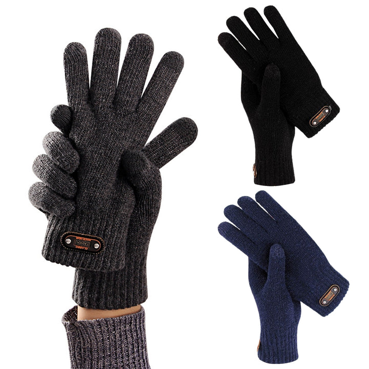 1 Pair Faux Leather Logo 3D Jacquard Ribbed Cuffs Thickened Fleece Lining Men Gloves Autumn Winter Touch Screen Knitted Image 7