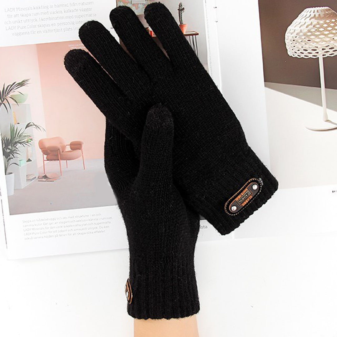 1 Pair Faux Leather Logo 3D Jacquard Ribbed Cuffs Thickened Fleece Lining Men Gloves Autumn Winter Touch Screen Knitted Image 9
