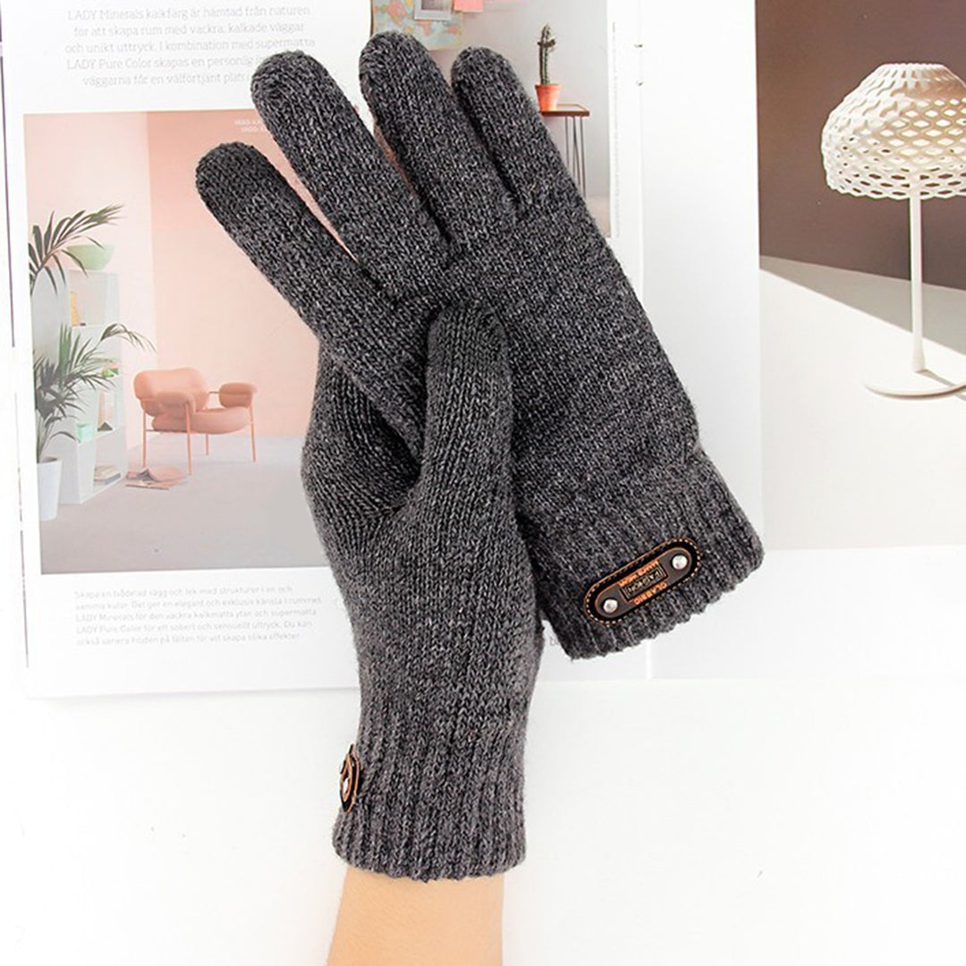 1 Pair Faux Leather Logo 3D Jacquard Ribbed Cuffs Thickened Fleece Lining Men Gloves Autumn Winter Touch Screen Knitted Image 10