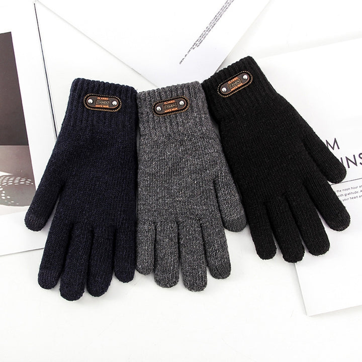 1 Pair Faux Leather Logo 3D Jacquard Ribbed Cuffs Thickened Fleece Lining Men Gloves Autumn Winter Touch Screen Knitted Image 12
