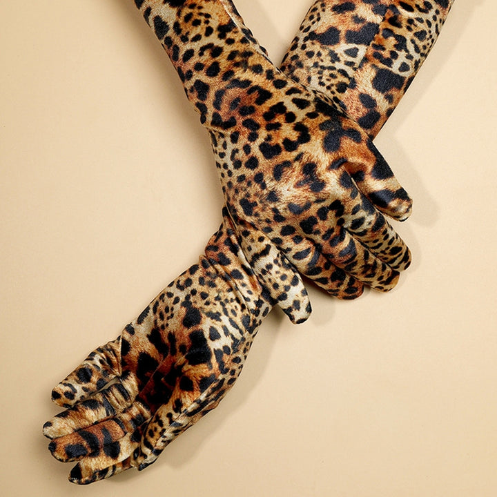 1 Pair Women Long Gloves Leopard Print Full Finger Velvet Coldproof Extended Length Elbow Gloves for Makeup Party Image 1
