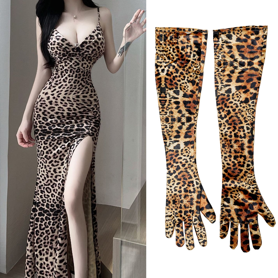 1 Pair Women Long Gloves Leopard Print Full Finger Velvet Coldproof Extended Length Elbow Gloves for Makeup Party Image 4