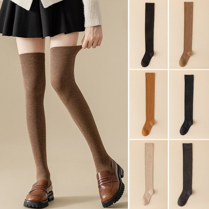 1 Pair Women Long Socks Solid Color Thigh High Stockings Autumn Winter Japanese Good Stretch Stockings for Daily Wear Image 9