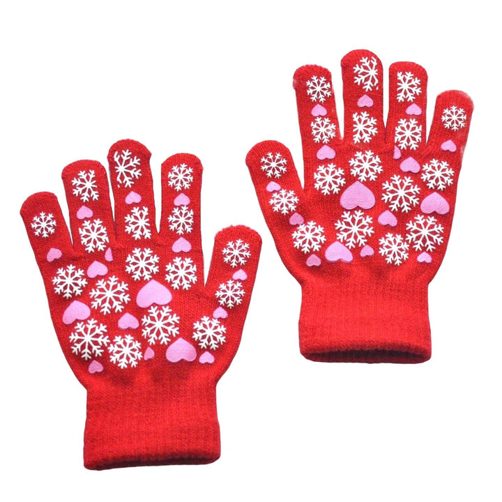 1 Pair Children Winter Gloves Heart Print Elastic Knitted Casual Full Fingers Keep Warm Thick Cozy Snowflake Student Image 1