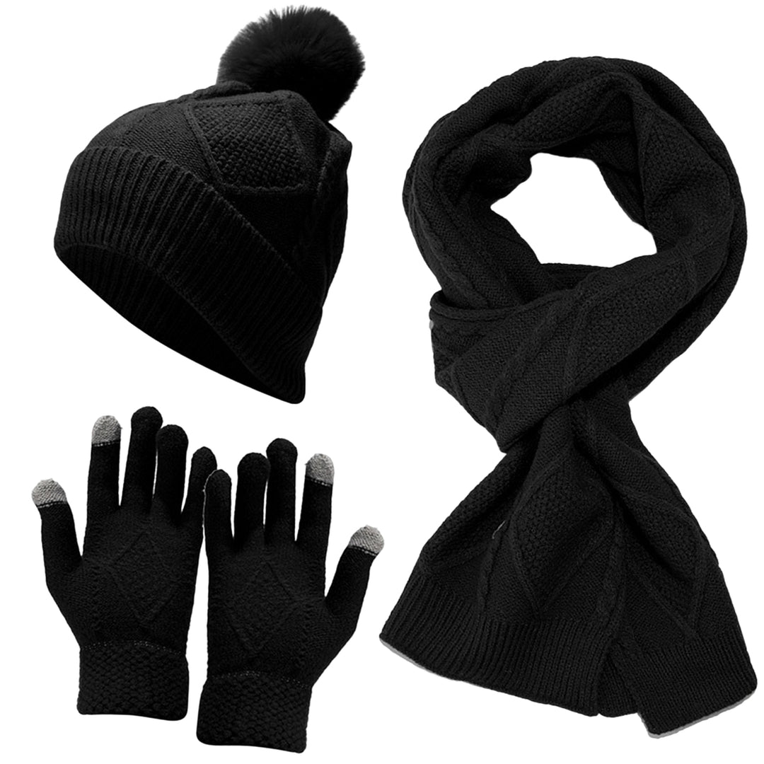 1 Set Autumn Winter Unisex Hat Scarf Touch Screen Gloves Fleeced Lined Fashion Pattern Plush Ball Knitted Beanies Cap Image 2