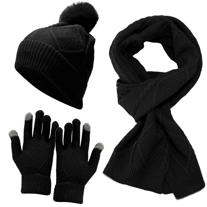1 Set Autumn Winter Unisex Hat Scarf Touch Screen Gloves Fleeced Lined Fashion Pattern Plush Ball Knitted Beanies Cap Image 1