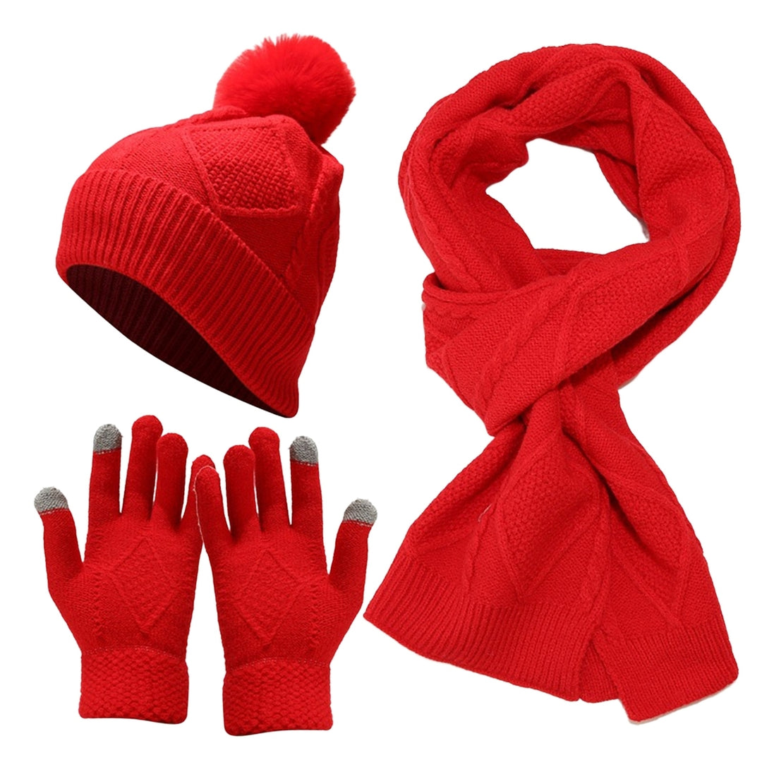 1 Set Autumn Winter Unisex Hat Scarf Touch Screen Gloves Fleeced Lined Fashion Pattern Plush Ball Knitted Beanies Cap Image 3