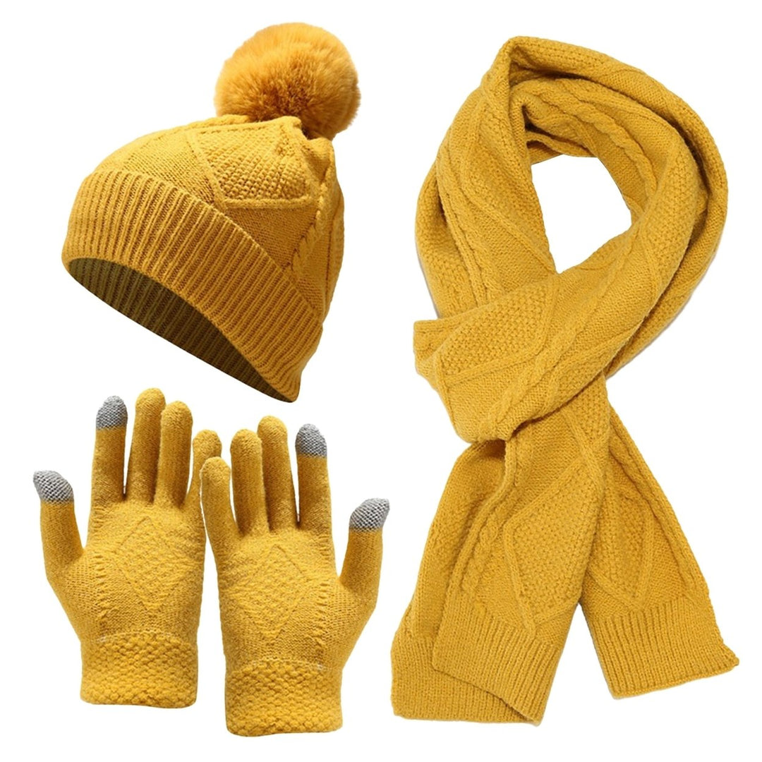 1 Set Autumn Winter Unisex Hat Scarf Touch Screen Gloves Fleeced Lined Fashion Pattern Plush Ball Knitted Beanies Cap Image 1