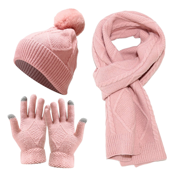 1 Set Autumn Winter Unisex Hat Scarf Touch Screen Gloves Fleeced Lined Fashion Pattern Plush Ball Knitted Beanies Cap Image 4