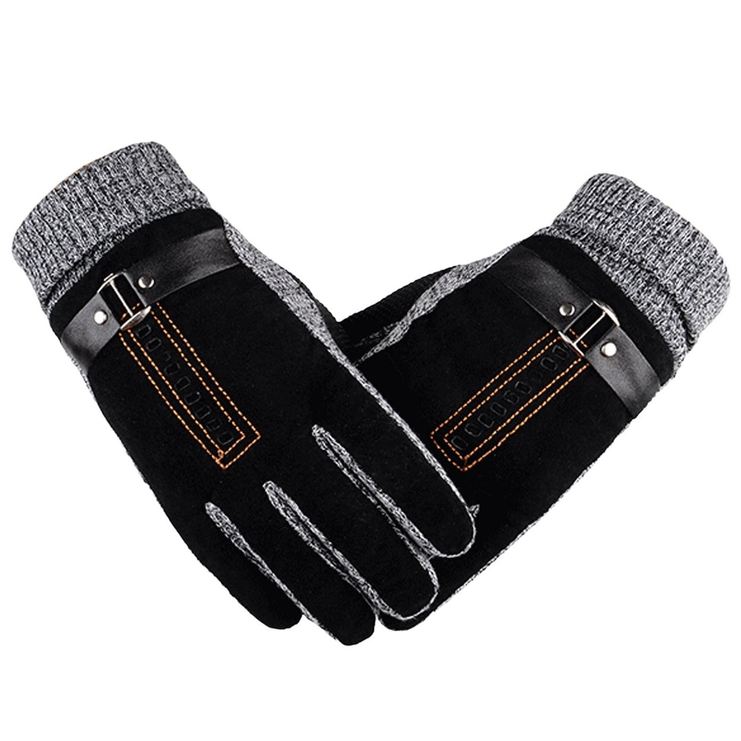 1 Pair Men Gloves Soft Fleece All Fingers Knitted Strap Decor Cold-proof Elastic Camping Climbing Men Winter Gloves for Image 1