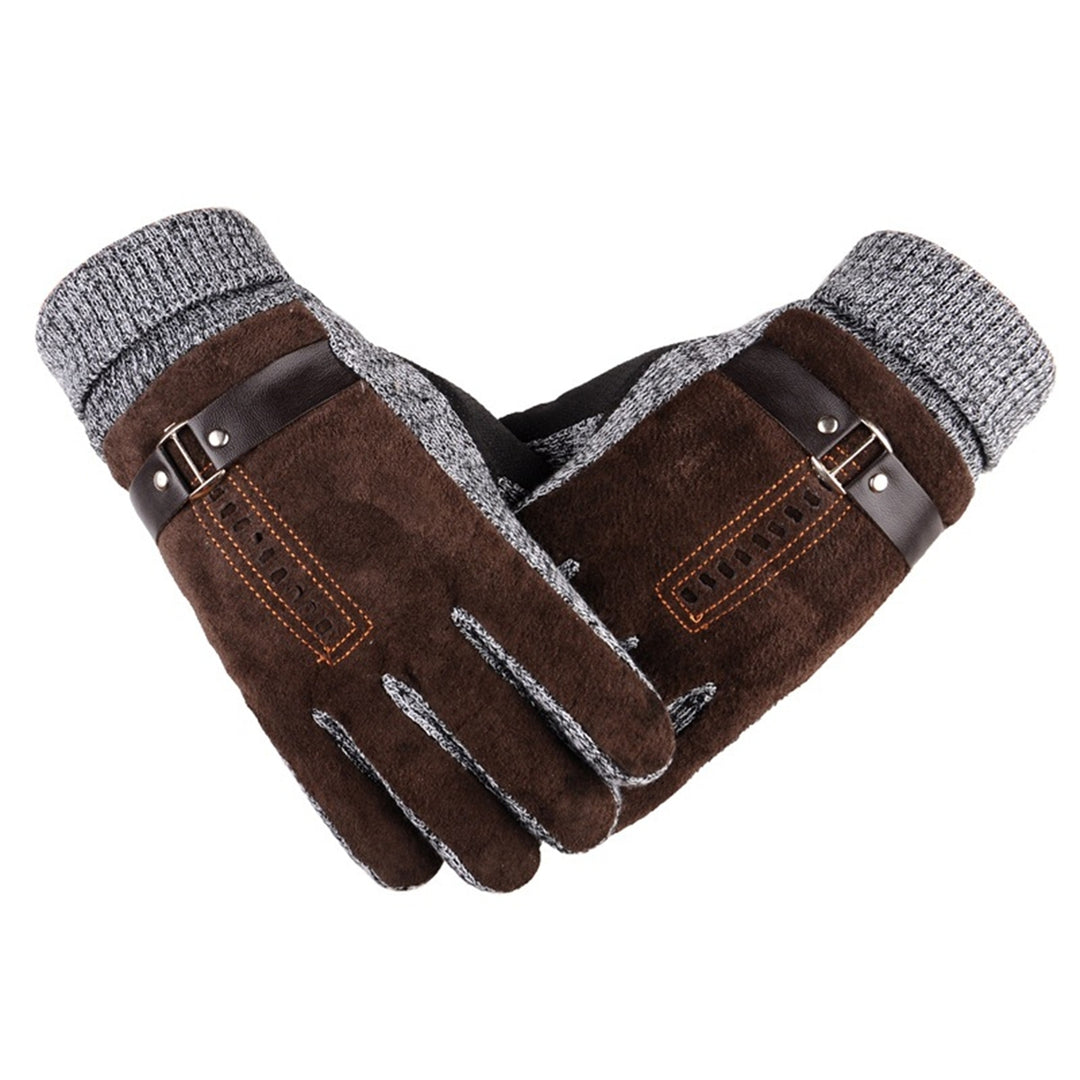 1 Pair Men Gloves Soft Fleece All Fingers Knitted Strap Decor Cold-proof Elastic Camping Climbing Men Winter Gloves for Image 3