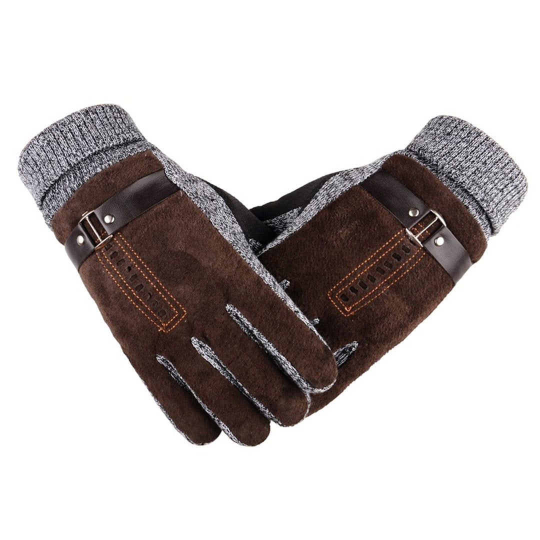 1 Pair Men Gloves Soft Fleece All Fingers Knitted Strap Decor Cold-proof Elastic Camping Climbing Men Winter Gloves for Image 1