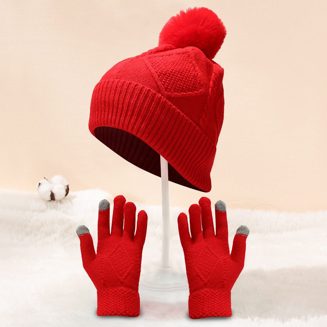 1 Set Autumn Winter Unisex Hat Scarf Touch Screen Gloves Fleeced Lined Fashion Pattern Plush Ball Knitted Beanies Cap Image 8