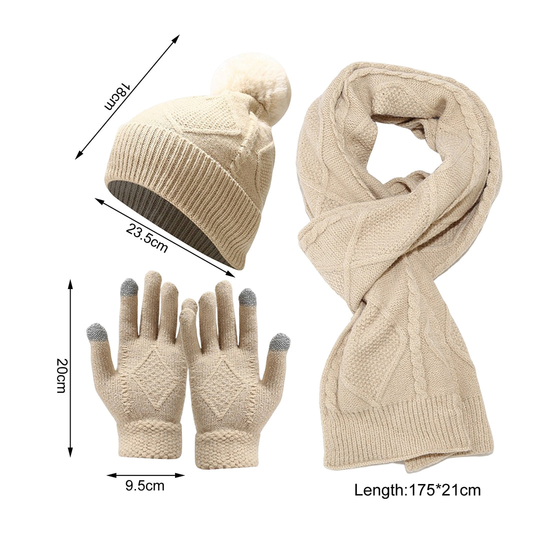 1 Set Autumn Winter Unisex Hat Scarf Touch Screen Gloves Fleeced Lined Fashion Pattern Plush Ball Knitted Beanies Cap Image 10