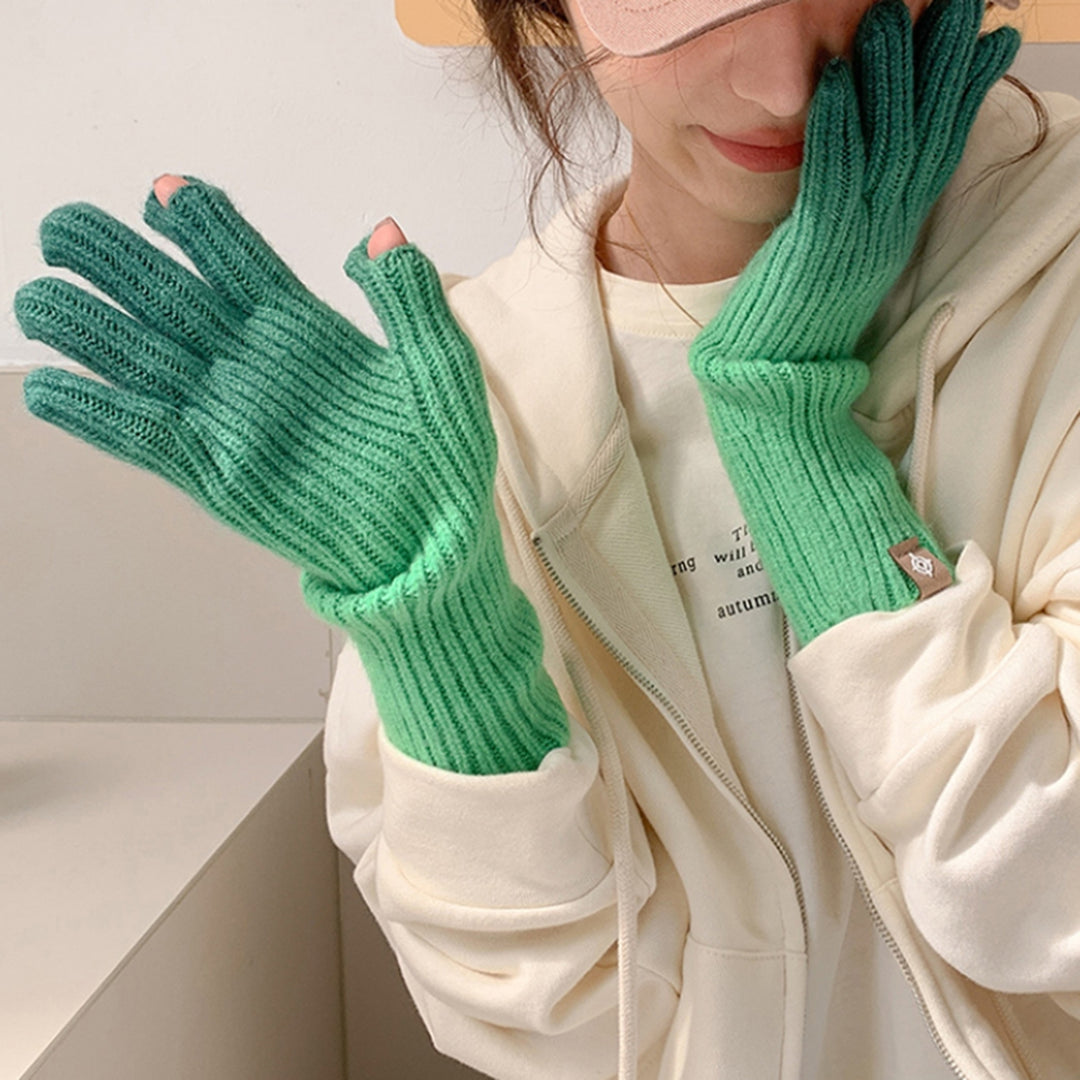1 Pair Winter Unisex Gloves Gradient Color Showable Fingertips Full Finger Funny Coldproof Knitting Gloves for Outdoor Image 11