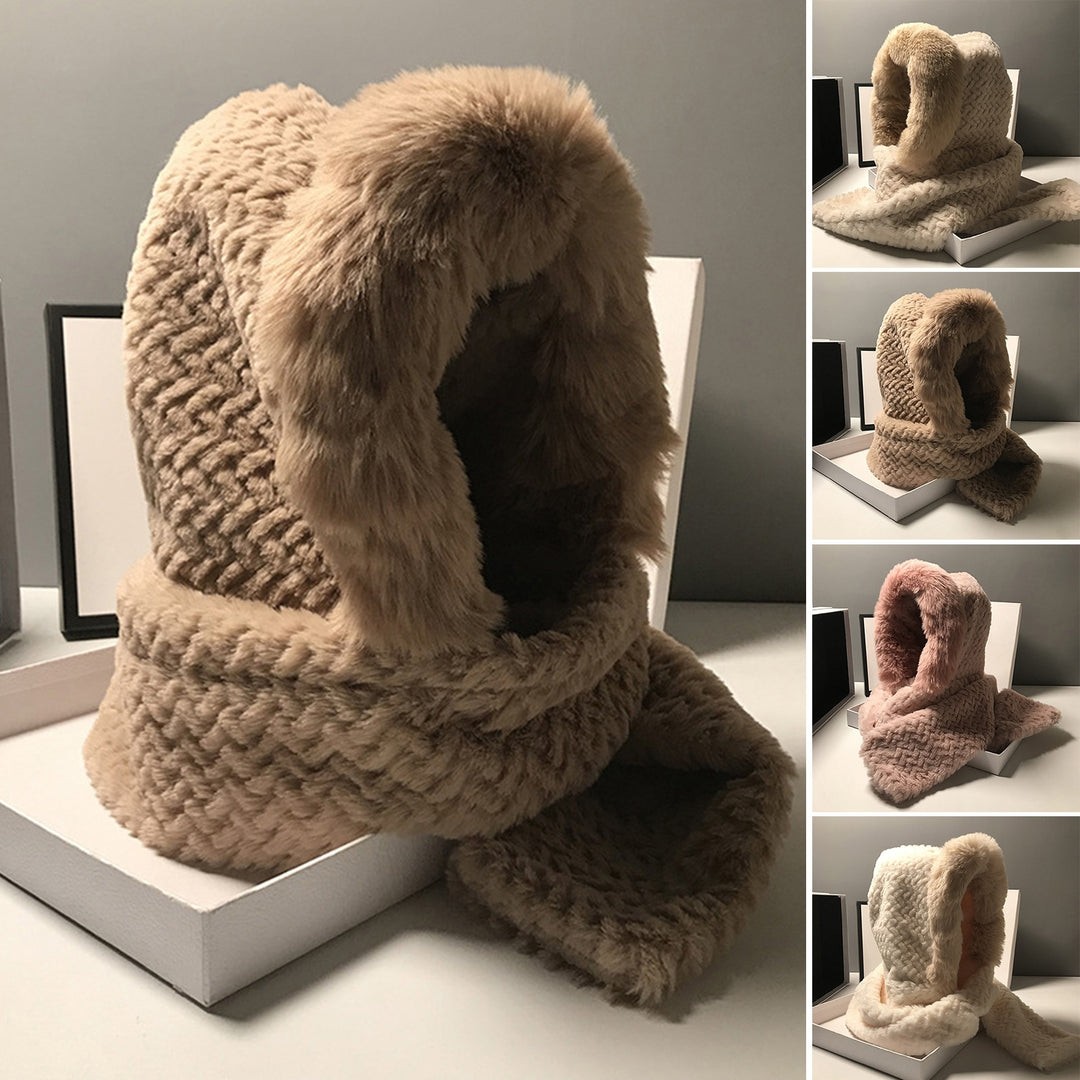 2 in 1 Ear Protection Solid Color Thickened Warm Scarf Hat Women Winter Imitation Rabbit faux Plush Hat Image 4