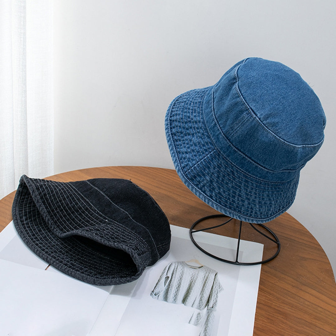 Short Brim Flat Dome Sun Protection Bucket Hat Unisex Washed Denim Foldable Fisherman Hat Fashion Accessories Image 6