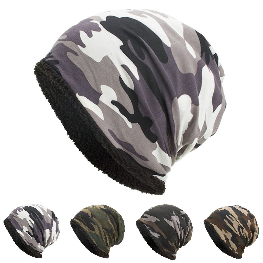 Men Winter Hat Camouflage Print Fleece Baggy Elastic Soft Cold-proof Lightweight Breathable Color Matching Men Beanie Image 1