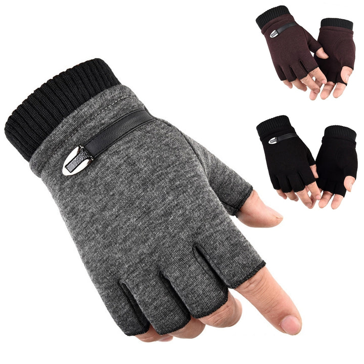 1 Pair Ribbed Cuffs Patchwork Color Thickened Fleece Lining Men Gloves Winter Half Finger Shockproof Non-Slip Sports Image 1