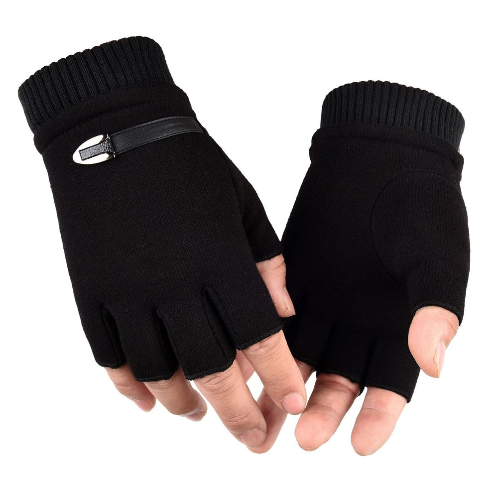 1 Pair Ribbed Cuffs Patchwork Color Thickened Fleece Lining Men Gloves Winter Half Finger Shockproof Non-Slip Sports Image 2