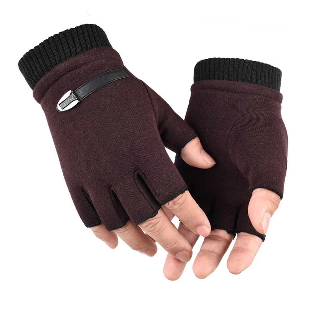 1 Pair Ribbed Cuffs Patchwork Color Thickened Fleece Lining Men Gloves Winter Half Finger Shockproof Non-Slip Sports Image 3