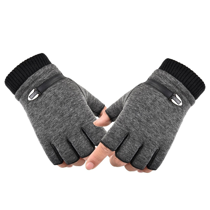 1 Pair Ribbed Cuffs Patchwork Color Thickened Fleece Lining Men Gloves Winter Half Finger Shockproof Non-Slip Sports Image 1