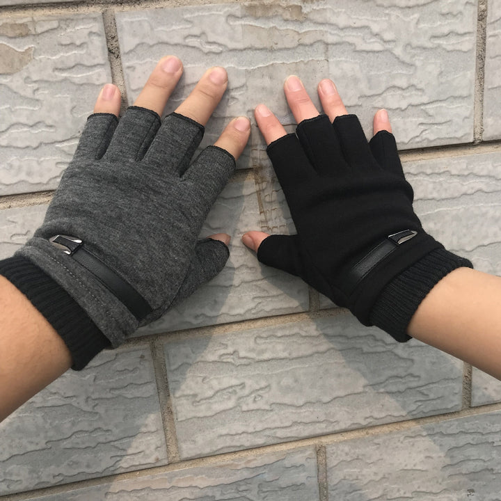1 Pair Ribbed Cuffs Patchwork Color Thickened Fleece Lining Men Gloves Winter Half Finger Shockproof Non-Slip Sports Image 4