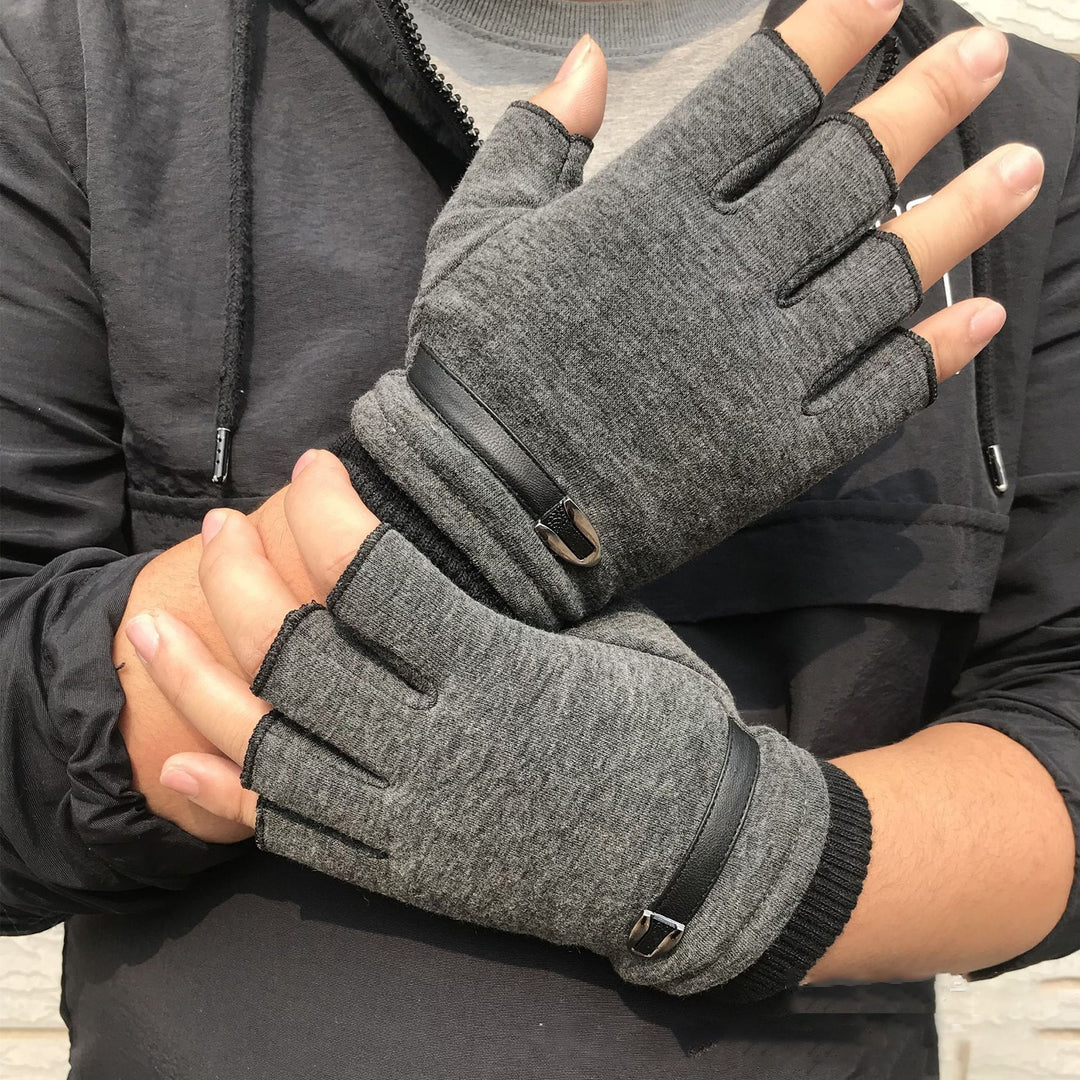 1 Pair Ribbed Cuffs Patchwork Color Thickened Fleece Lining Men Gloves Winter Half Finger Shockproof Non-Slip Sports Image 6