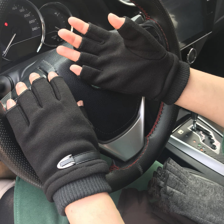 1 Pair Ribbed Cuffs Patchwork Color Thickened Fleece Lining Men Gloves Winter Half Finger Shockproof Non-Slip Sports Image 7