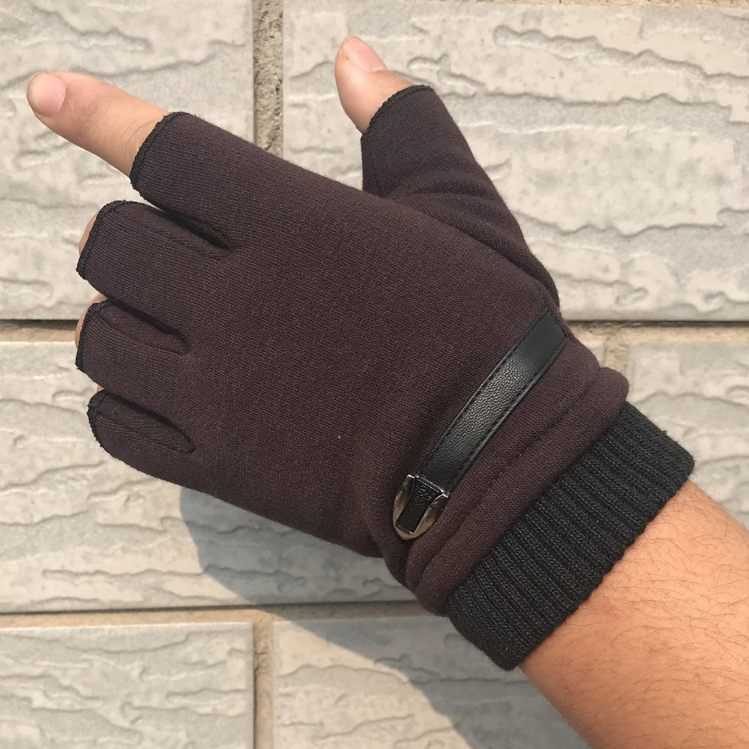 1 Pair Ribbed Cuffs Patchwork Color Thickened Fleece Lining Men Gloves Winter Half Finger Shockproof Non-Slip Sports Image 9