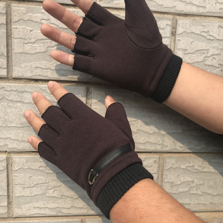 1 Pair Ribbed Cuffs Patchwork Color Thickened Fleece Lining Men Gloves Winter Half Finger Shockproof Non-Slip Sports Image 10