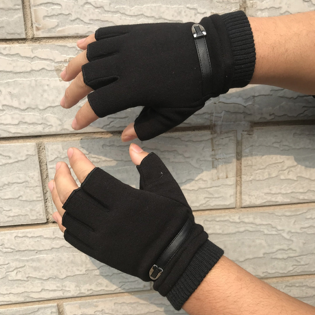 1 Pair Ribbed Cuffs Patchwork Color Thickened Fleece Lining Men Gloves Winter Half Finger Shockproof Non-Slip Sports Image 11