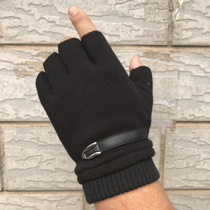 1 Pair Ribbed Cuffs Patchwork Color Thickened Fleece Lining Men Gloves Winter Half Finger Shockproof Non-Slip Sports Image 12