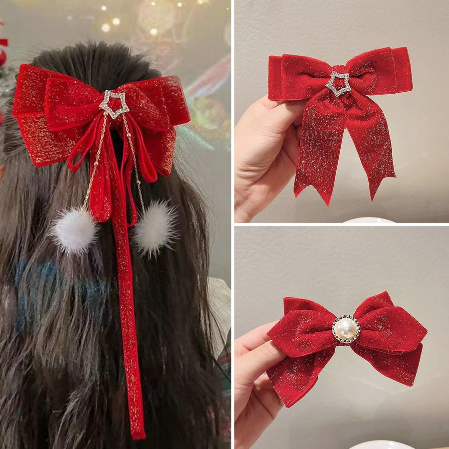 Hair Barrettes Shiny Red Bow-knot Elastic Non-Slip Hair Decoration Faux Pearl Plush Ball  Year Non-Slip for Daily Wear Image 1