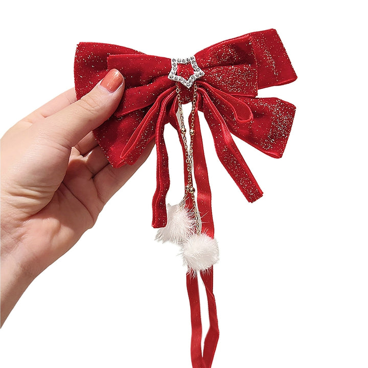 Hair Barrettes Shiny Red Bow-knot Elastic Non-Slip Hair Decoration Faux Pearl Plush Ball  Year Non-Slip for Daily Wear Image 4