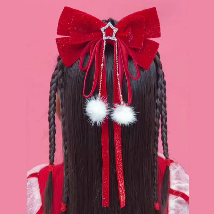 Hair Barrettes Shiny Red Bow-knot Elastic Non-Slip Hair Decoration Faux Pearl Plush Ball  Year Non-Slip for Daily Wear Image 4