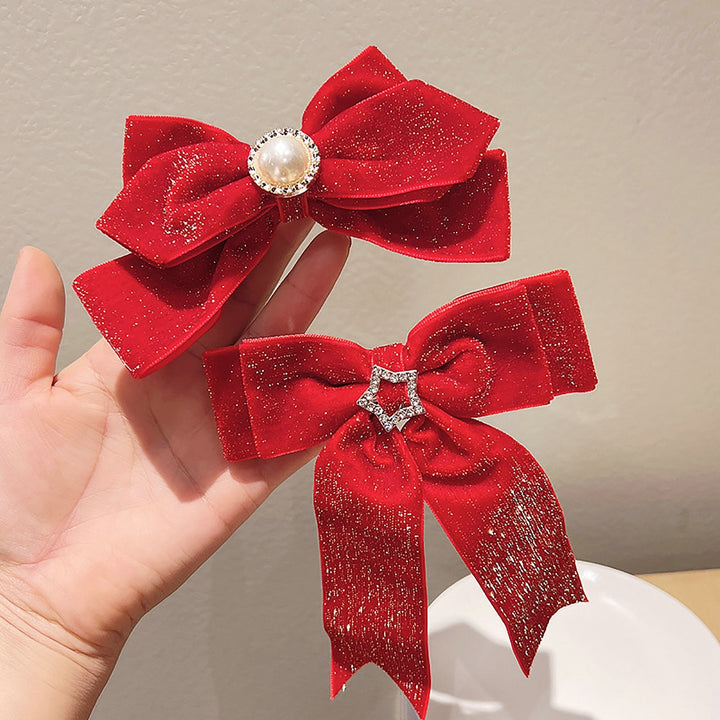 Hair Barrettes Shiny Red Bow-knot Elastic Non-Slip Hair Decoration Faux Pearl Plush Ball  Year Non-Slip for Daily Wear Image 6