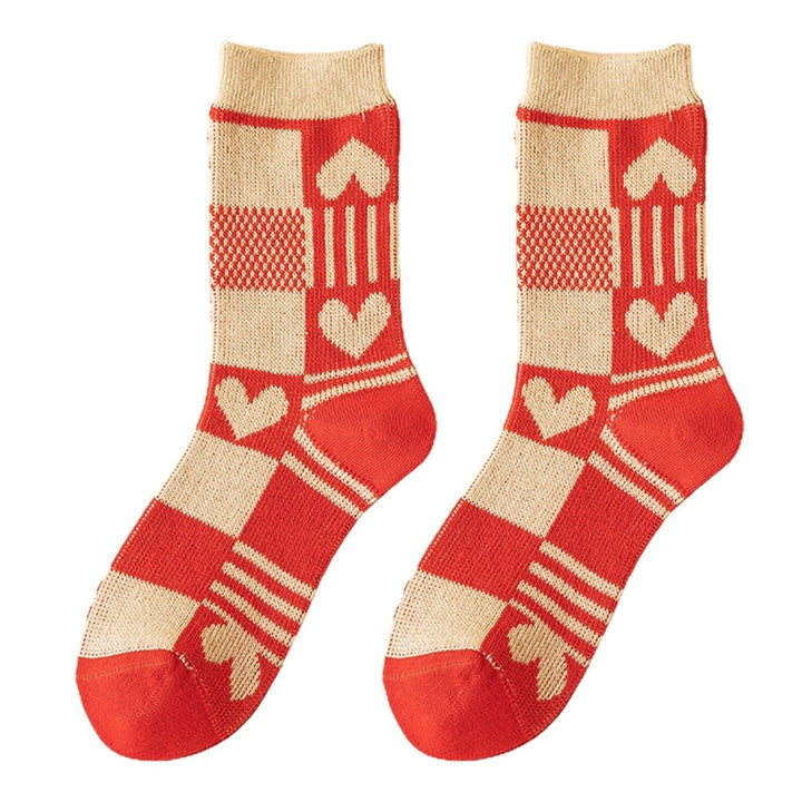 1 Pair Chinese  Year Socks Plaid Heart Small Flower Snowflake Wavy Pattern Middle Tube Moisture Absorption Socks for Image 1