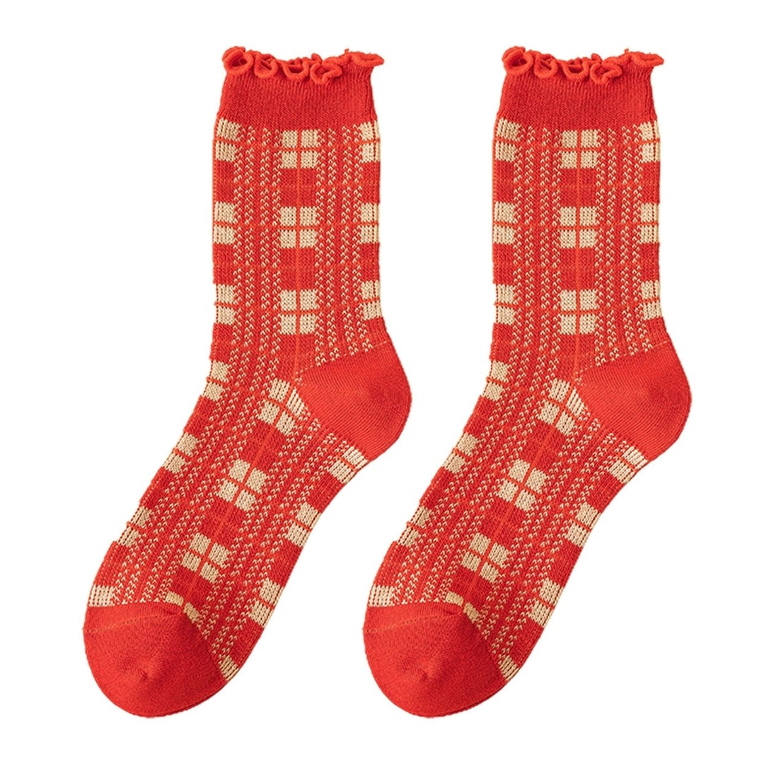 1 Pair Chinese  Year Socks Plaid Heart Small Flower Snowflake Wavy Pattern Middle Tube Moisture Absorption Socks for Image 1