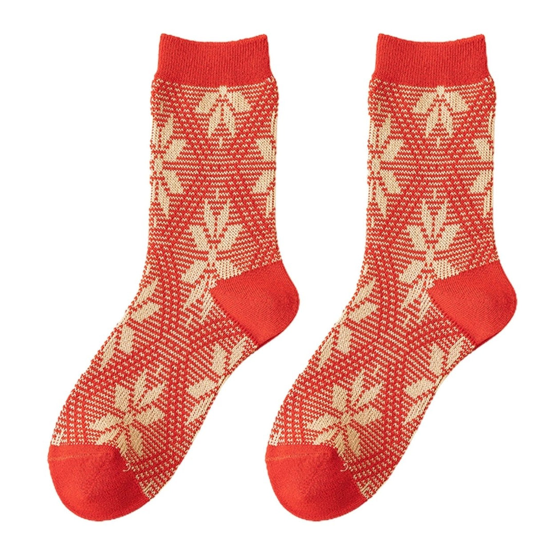 1 Pair Chinese  Year Socks Plaid Heart Small Flower Snowflake Wavy Pattern Middle Tube Moisture Absorption Socks for Image 1