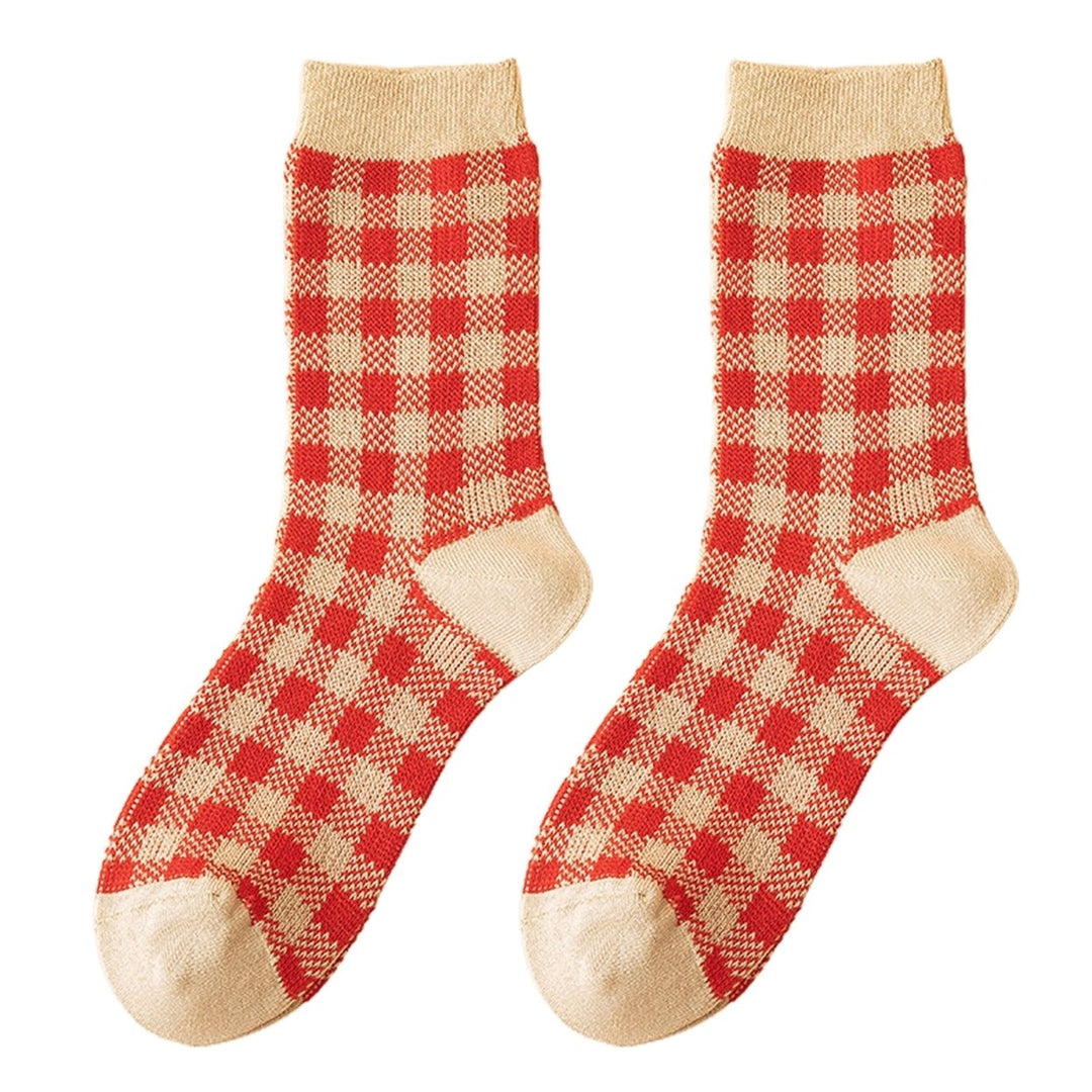 1 Pair Chinese Year Socks Plaid Heart Small Flower Snowflake Wavy Pattern Middle Tube Moisture Absorption Socks for Image 1