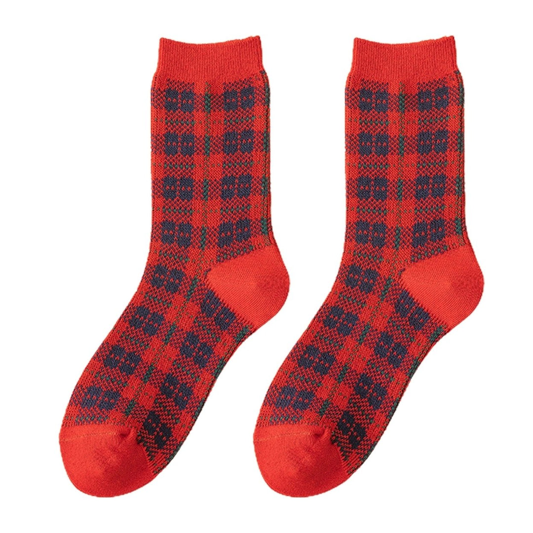 1 Pair Chinese Year Socks Plaid Heart Small Flower Snowflake Wavy Pattern Middle Tube Moisture Absorption Socks for Image 1