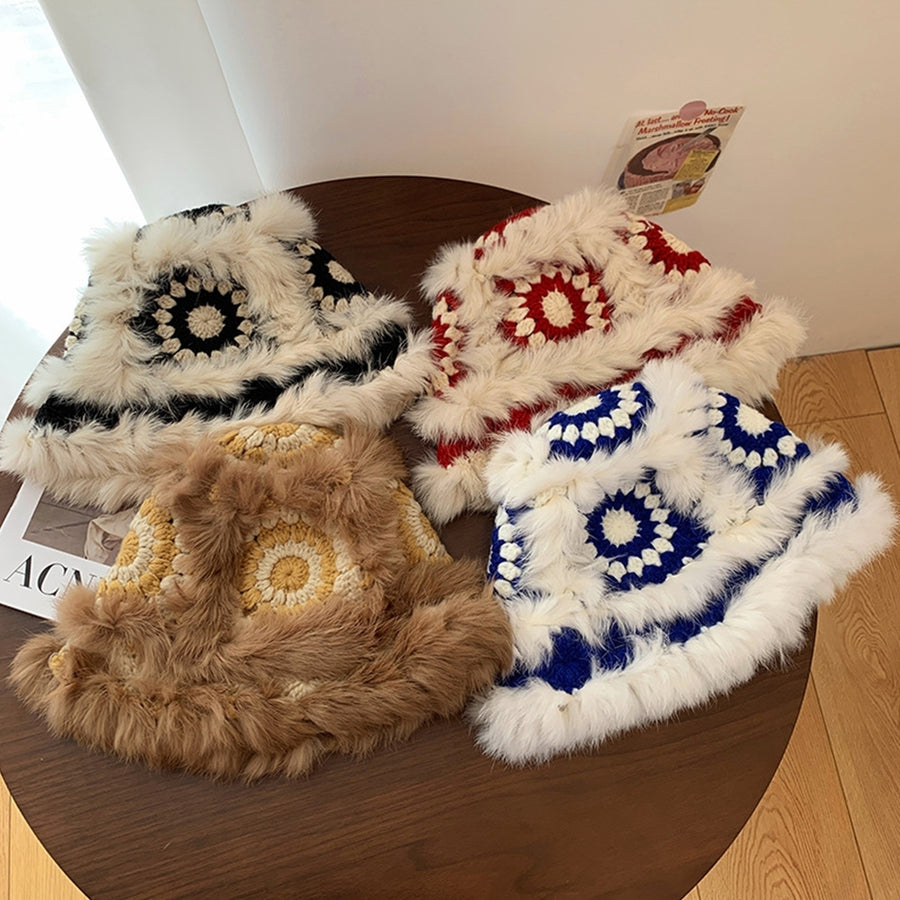 Women Bucket Hat Flower Pattern Fluffy Hollow Out Handmade Windproof Autumn Winter Fisherman Hat for Daily Wear Image 1