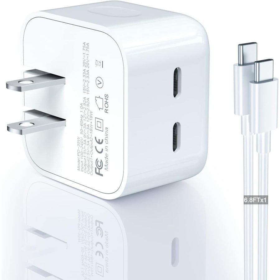 35W Fast Charge Dual USB-C Power Adapter 6FT Cable Home Travel White Compact Image 1