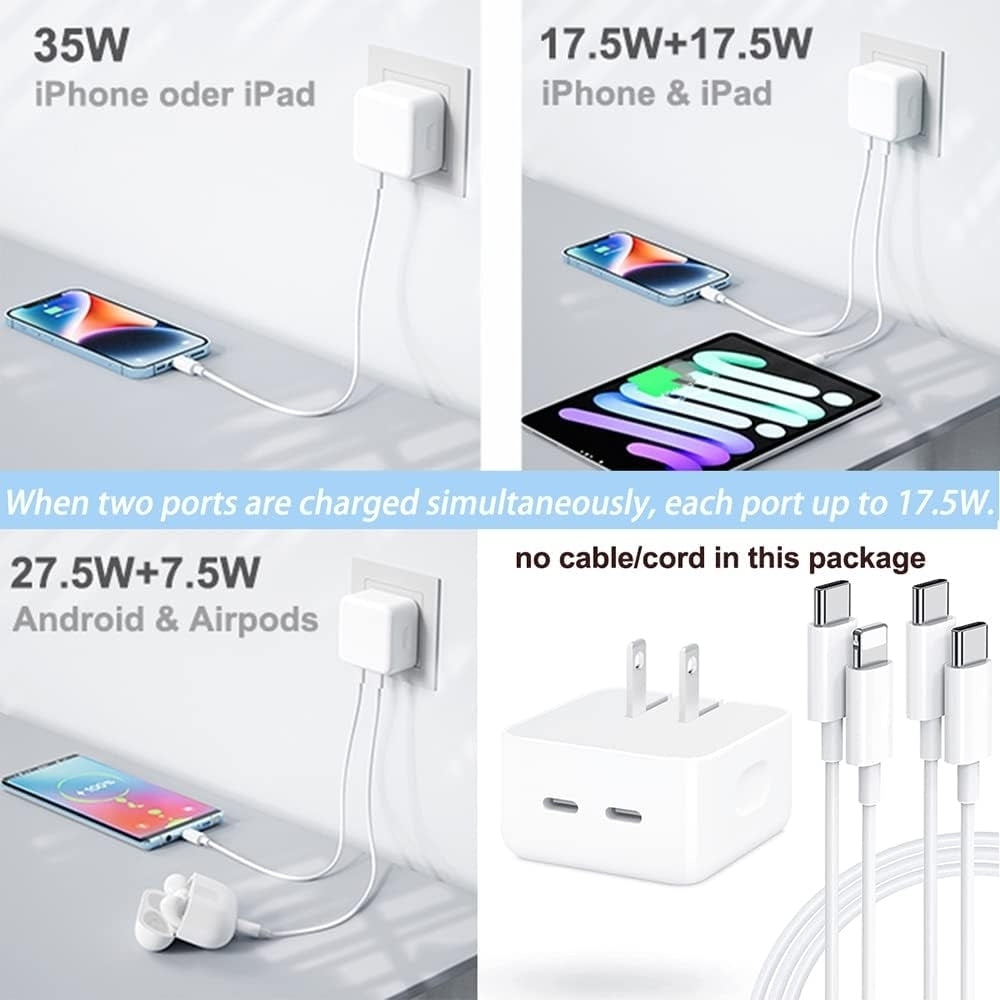 35W PD Fast Charge Wall Charger Dual USB Type-C Compact Travel Adapter White Image 4