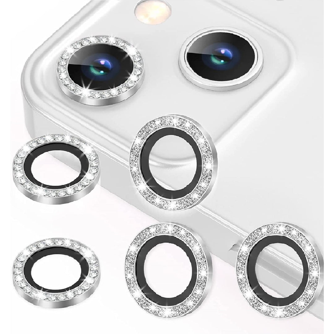 For Apple iPhone 15 / iPhone 15 Plus Diamond Bling Ring Crystal Tempered Glass Camera Len Protector Cover Image 1